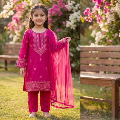 Festive Fuchsia 3-Piece Embroidered Suit with Tassel Details