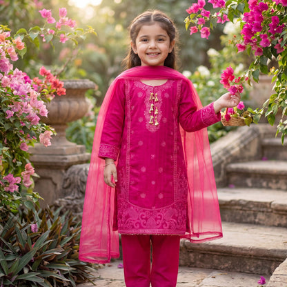 Festive Fuchsia 3-Piece Embroidered Suit with Tassel Details