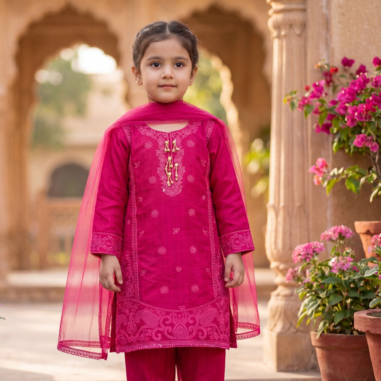 Festive Fuchsia 3-Piece Embroidered Suit with Tassel Details