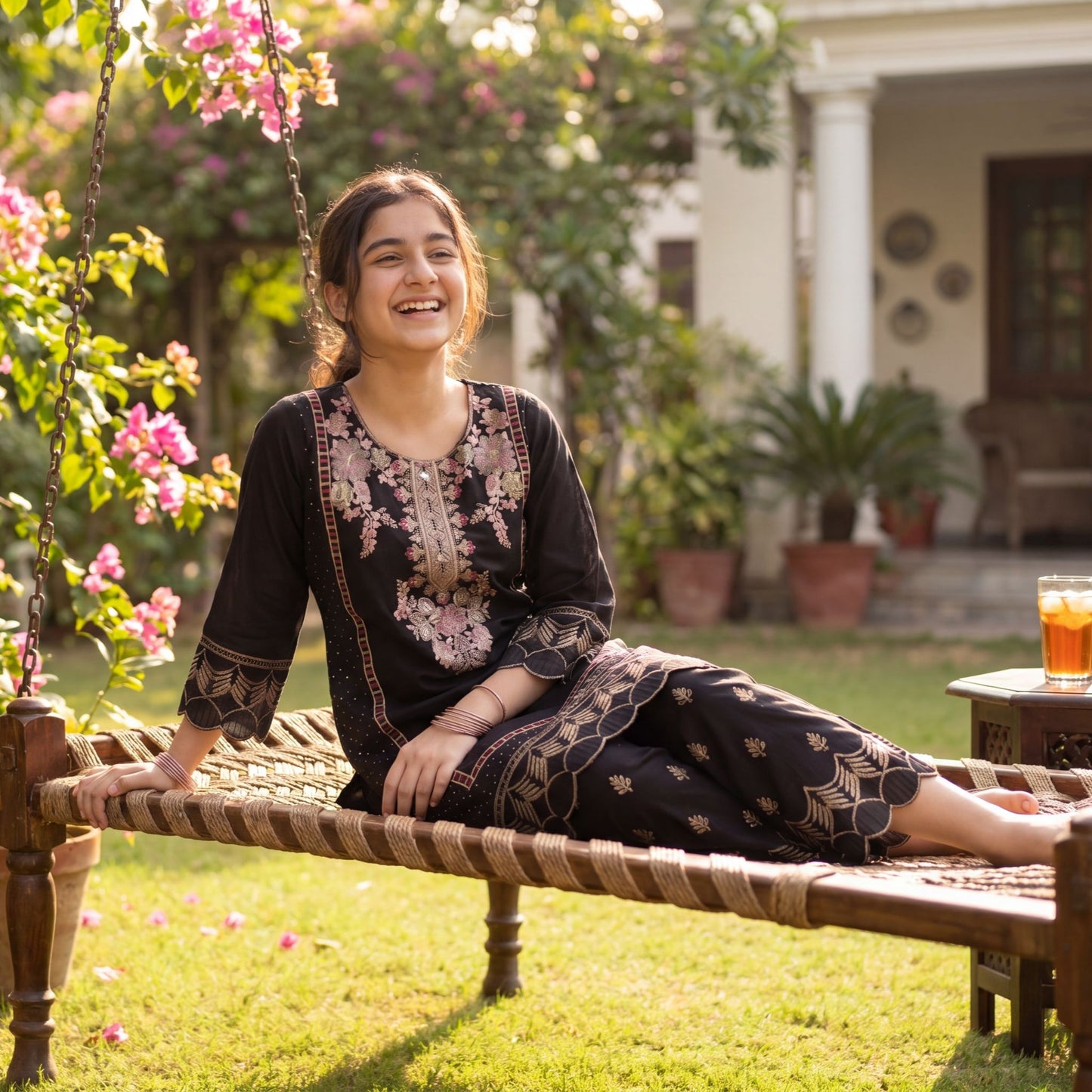 Black Embroidered 2-Piece  Set with Scalloped Hem