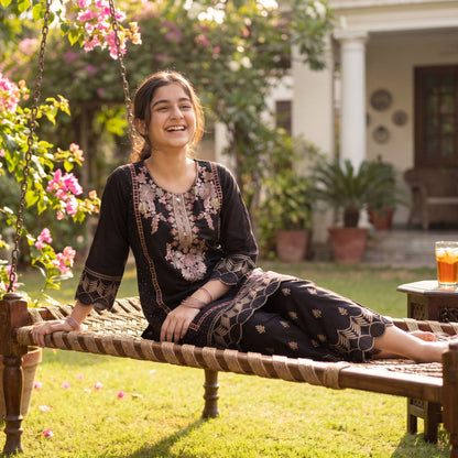 Black Embroidered 2-Piece  Set with Scalloped Hem