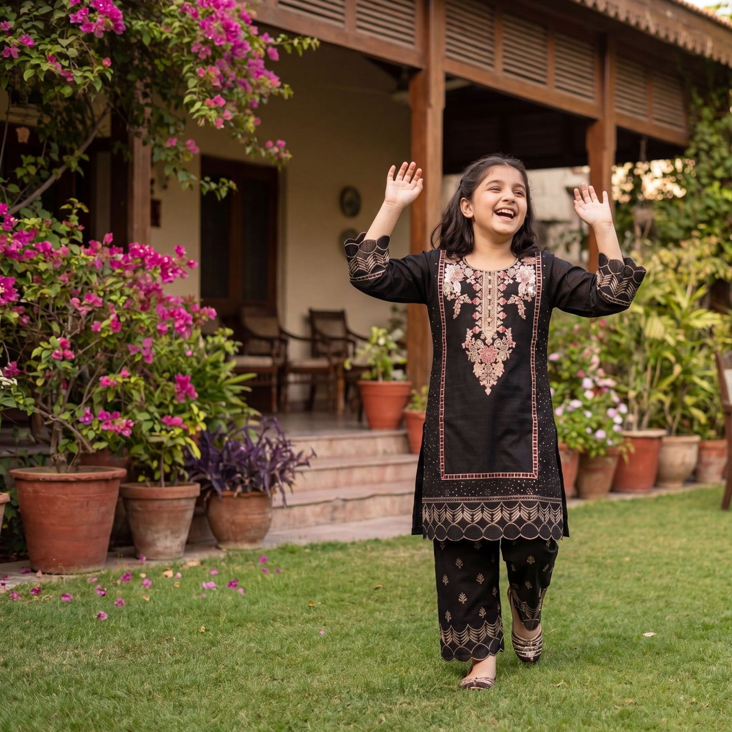 Black Embroidered 2-Piece  Set with Scalloped Hem