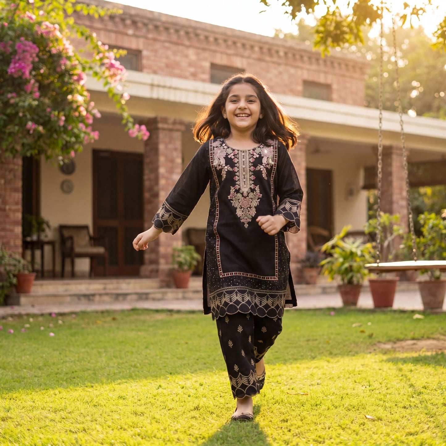 Black Embroidered 2-Piece  Set with Scalloped Hem