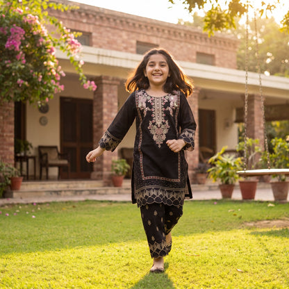 Black Embroidered 2-Piece  Set with Scalloped Hem
