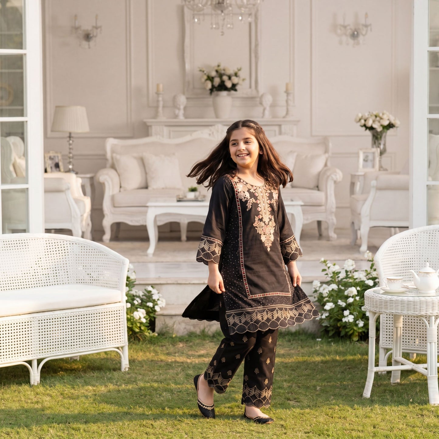 Black Embroidered 2-Piece  Set with Scalloped Hem