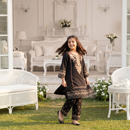 Black Embroidered 2-Piece  Set with Scalloped Hem