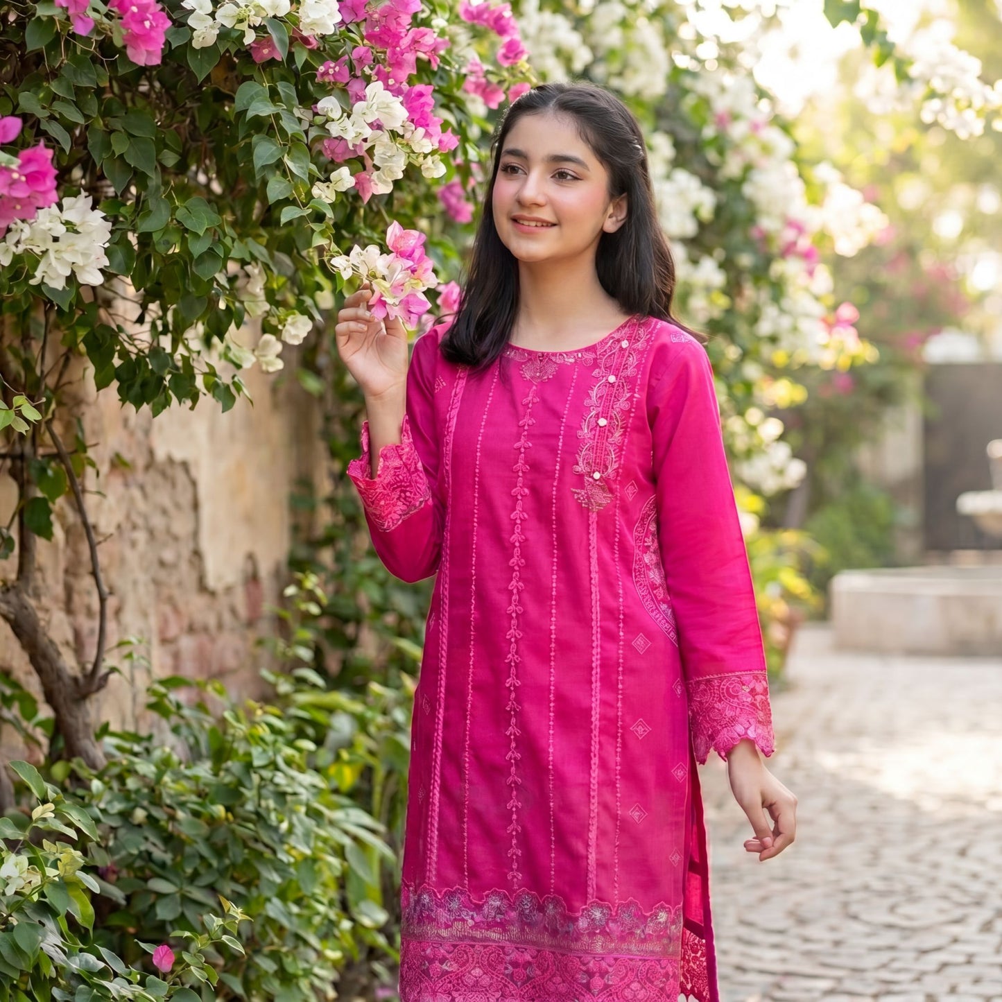 Vibrant Fuchsia Embroidered Tunic 2 Piece Set