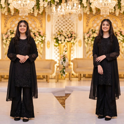 3-Piece  Suit Elegant Jet Black Embroidered Chiffon