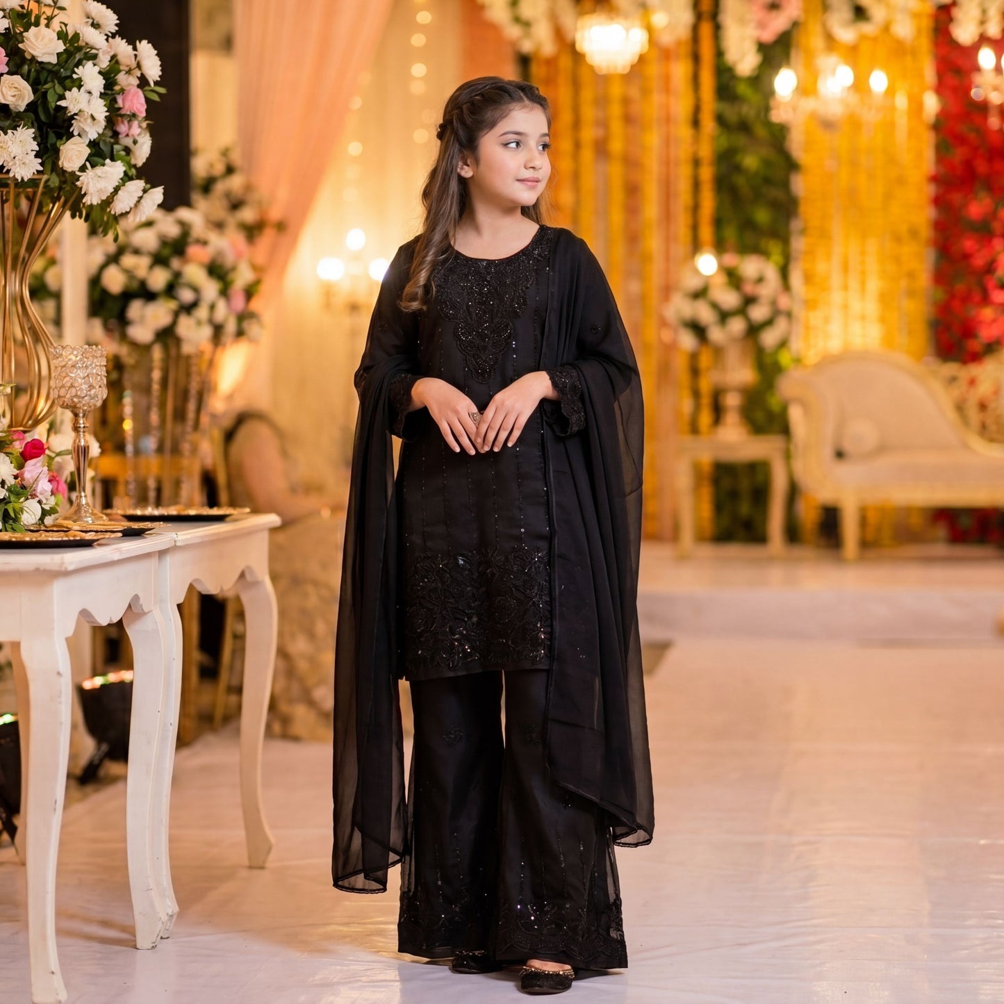 3-Piece  Suit Elegant Jet Black Embroidered Chiffon