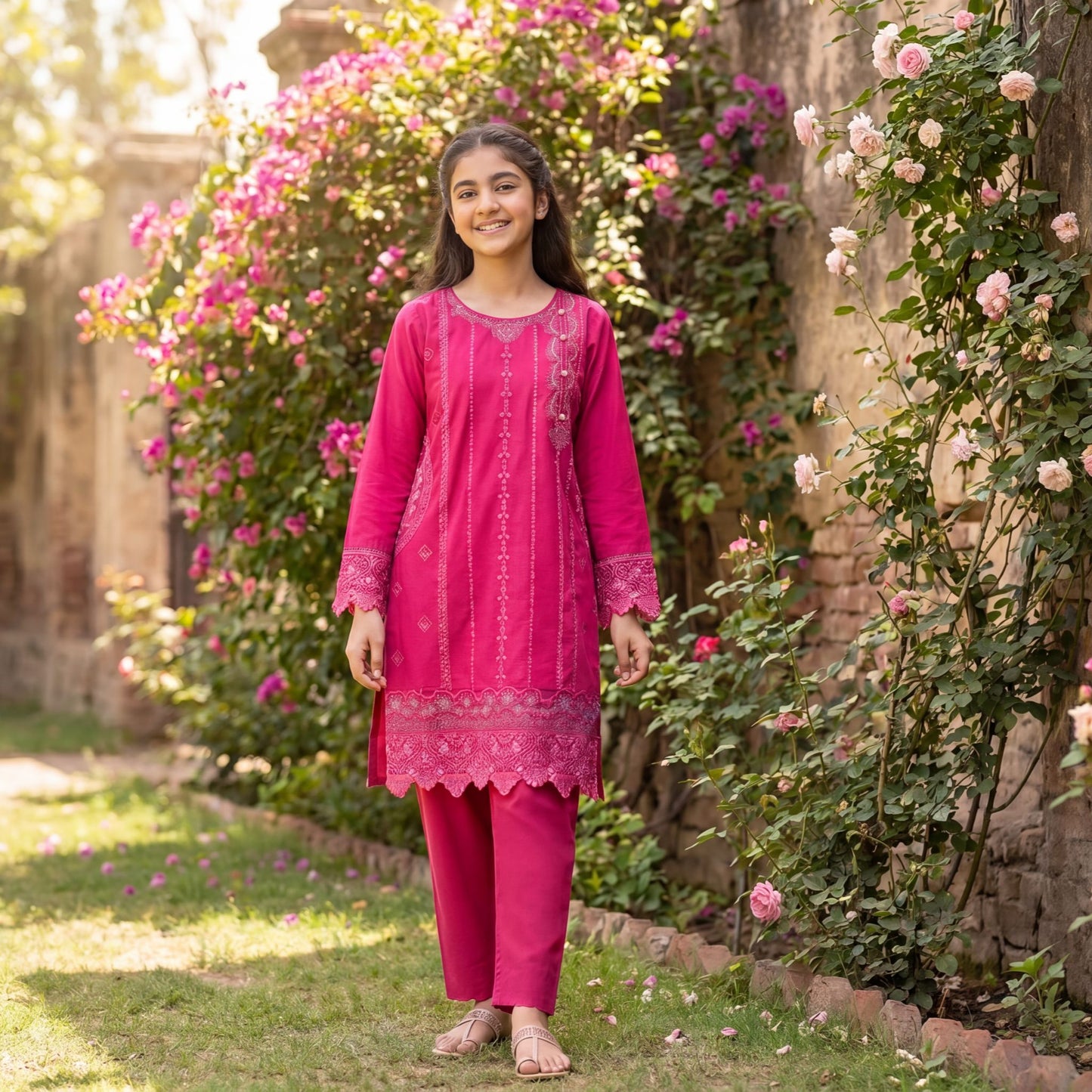 Vibrant Fuchsia Embroidered Tunic 2 Piece Set