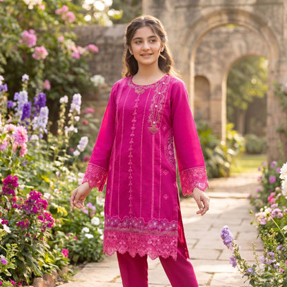 Vibrant Fuchsia Embroidered Tunic 2 Piece Set