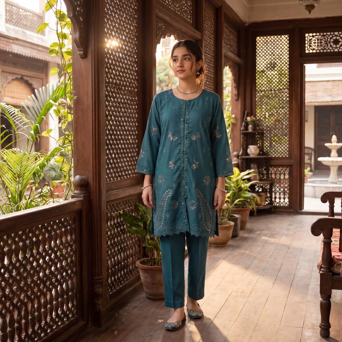 2-Piece Festive Set Deep Teal Embroidered