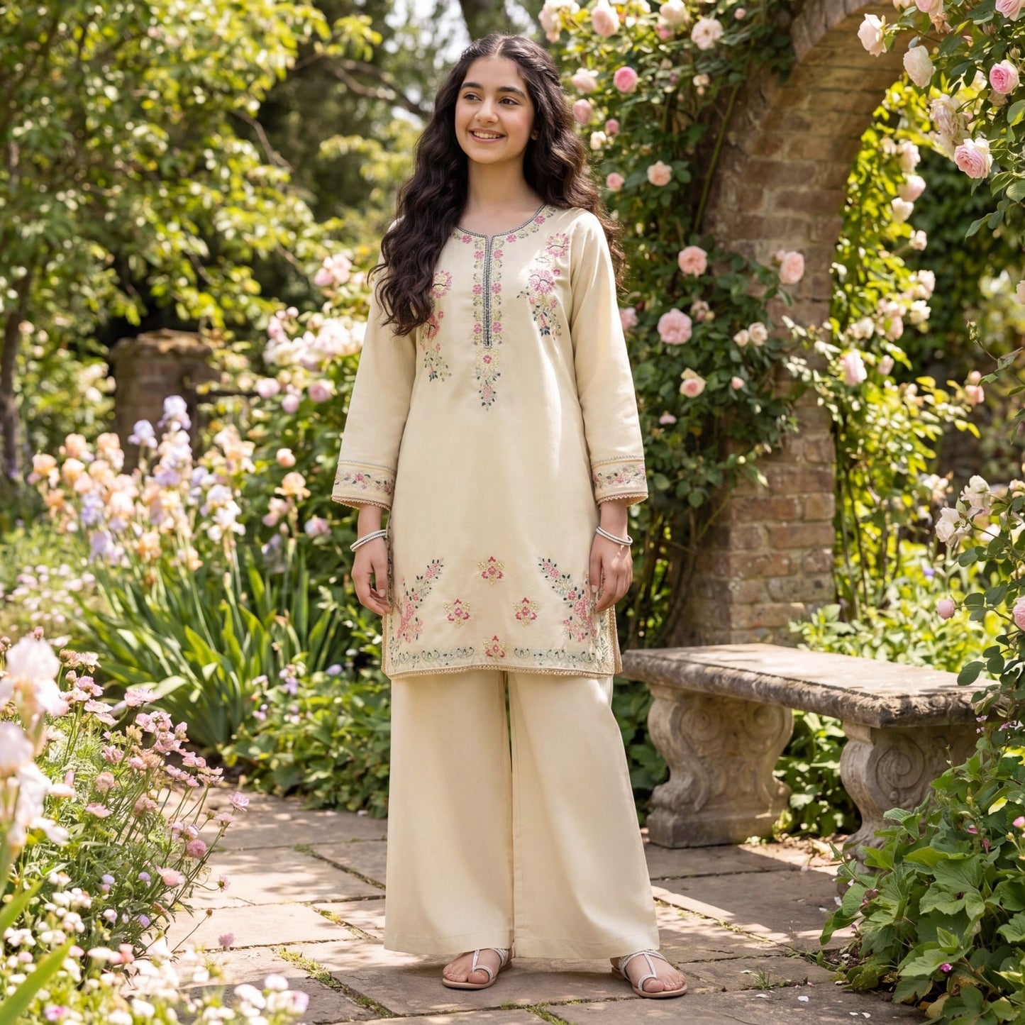 2-Piece Suit The Spring Blossom Beige Embroidered