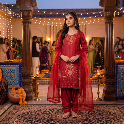 3 Piece Suit Deep Crimson Gilded Embroidery Tunic & Tapered Pants Set