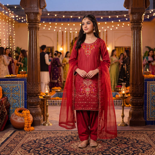 3 Piece Suit Deep Crimson Gilded Embroidery Tunic & Tapered Pants Set