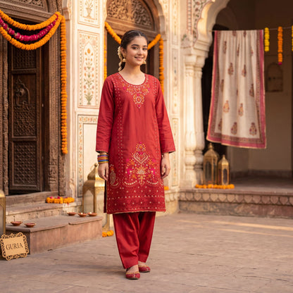 3 Piece Suit Deep Crimson Gilded Embroidery Tunic & Tapered Pants Set