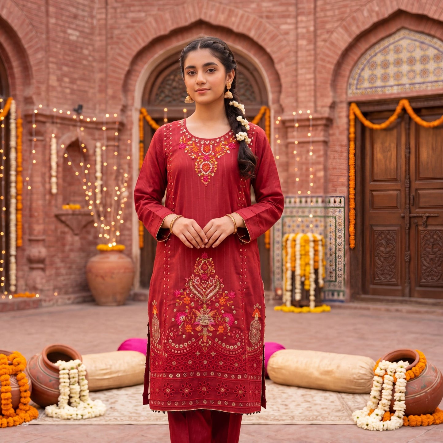 3 Piece Suit Deep Crimson Gilded Embroidery Tunic & Tapered Pants Set