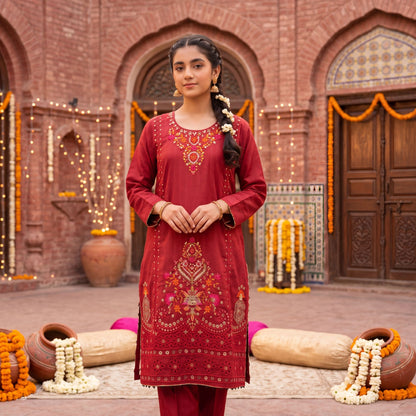 3 Piece Suit Deep Crimson Gilded Embroidery Tunic & Tapered Pants Set