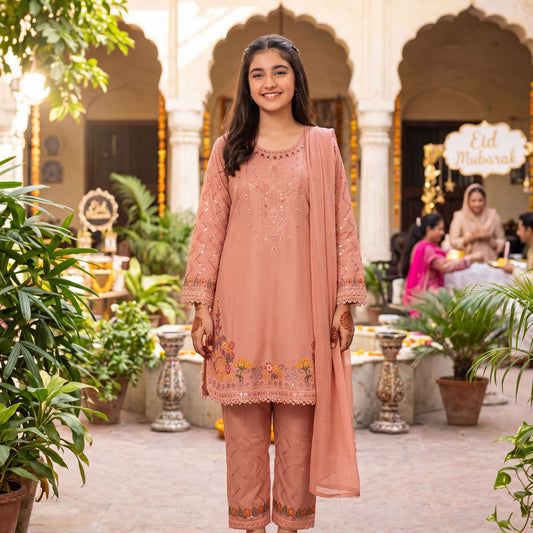 3-Piece  Suit - Peach Intricately Embroidered  Festive Collection