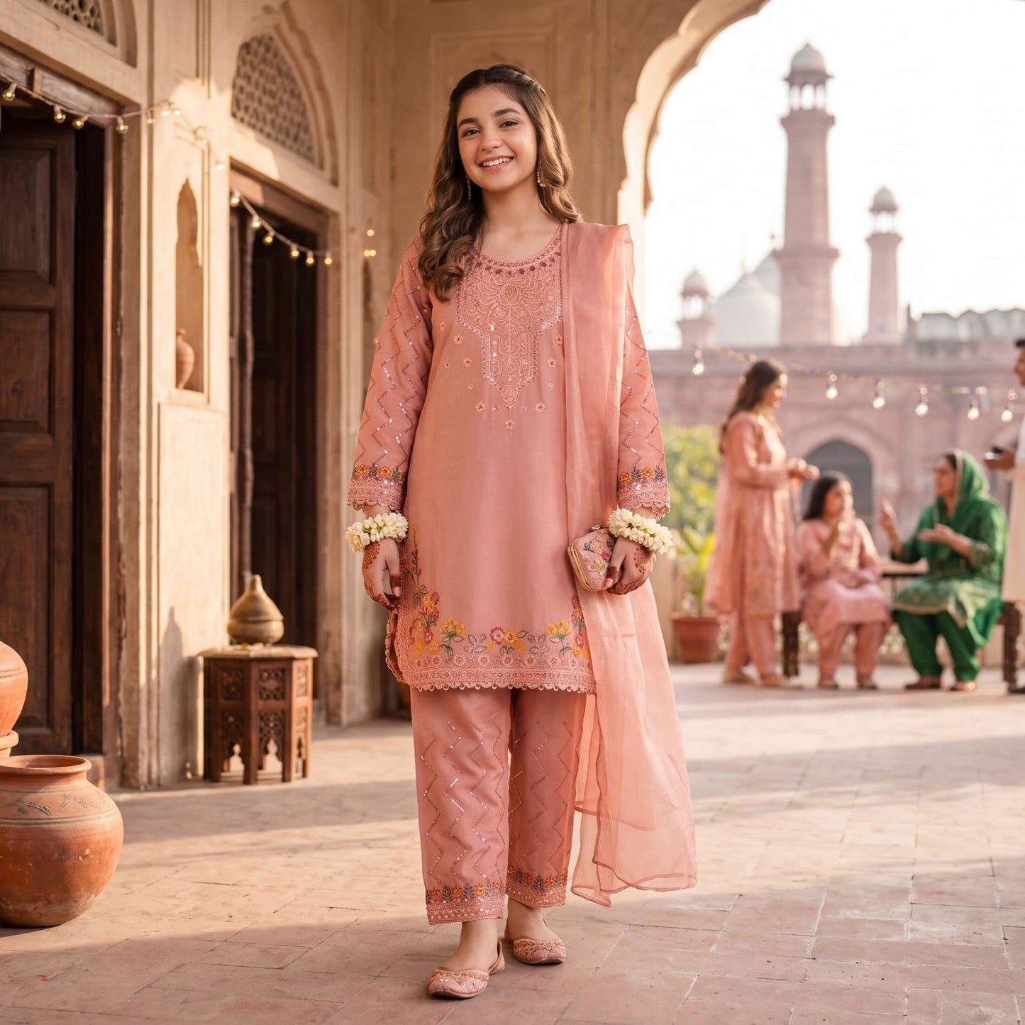 3-Piece  Suit - Peach Intricately Embroidered  Festive Collection
