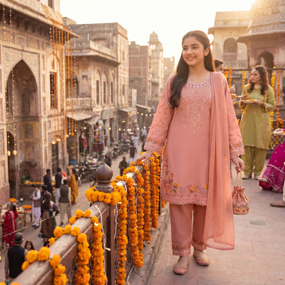 3-Piece  Suit - Peach Intricately Embroidered  Festive Collection