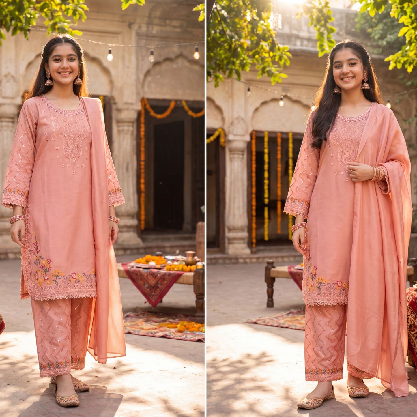 3-Piece  Suit - Peach Intricately Embroidered  Festive Collection