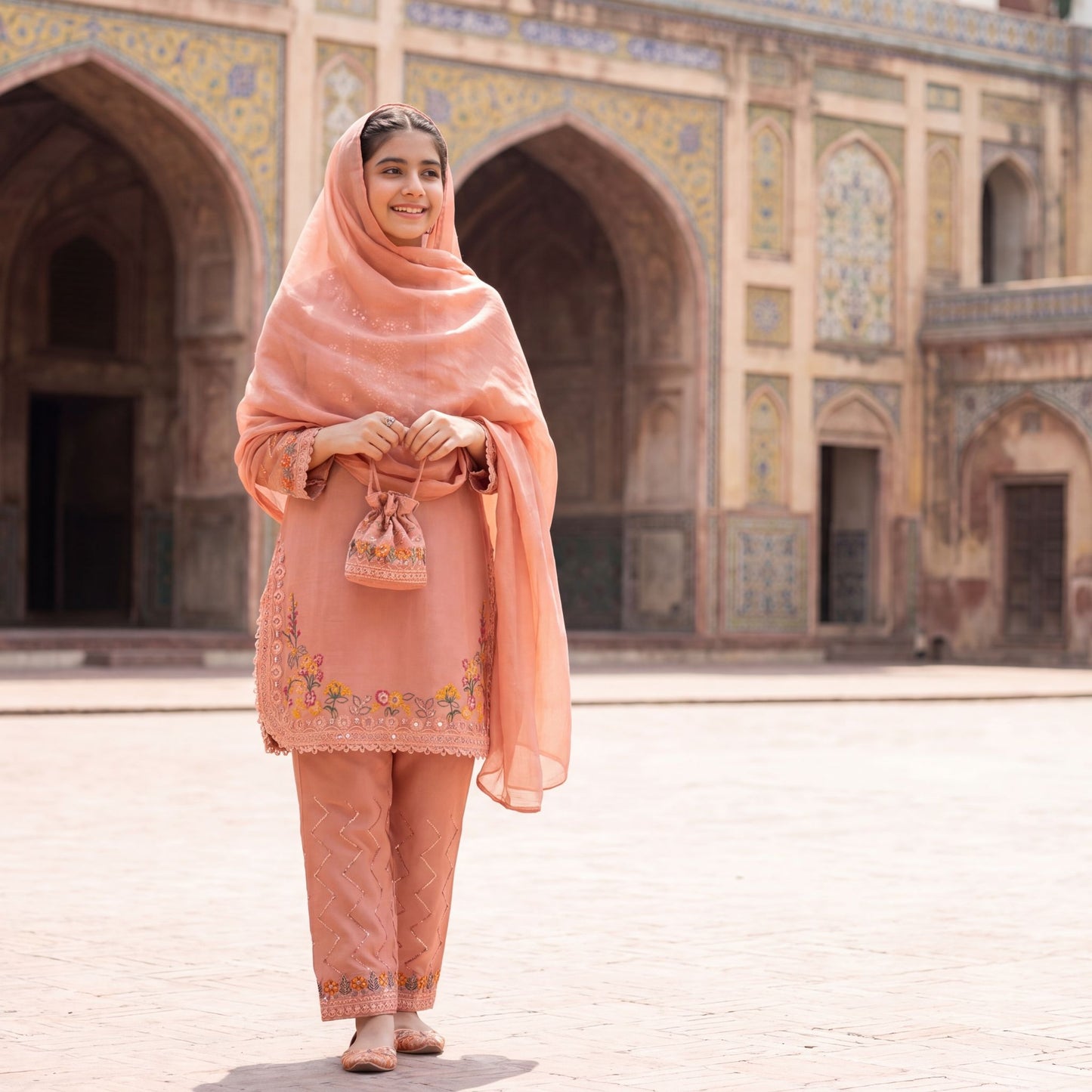 3-Piece  Suit - Peach Intricately Embroidered  Festive Collection