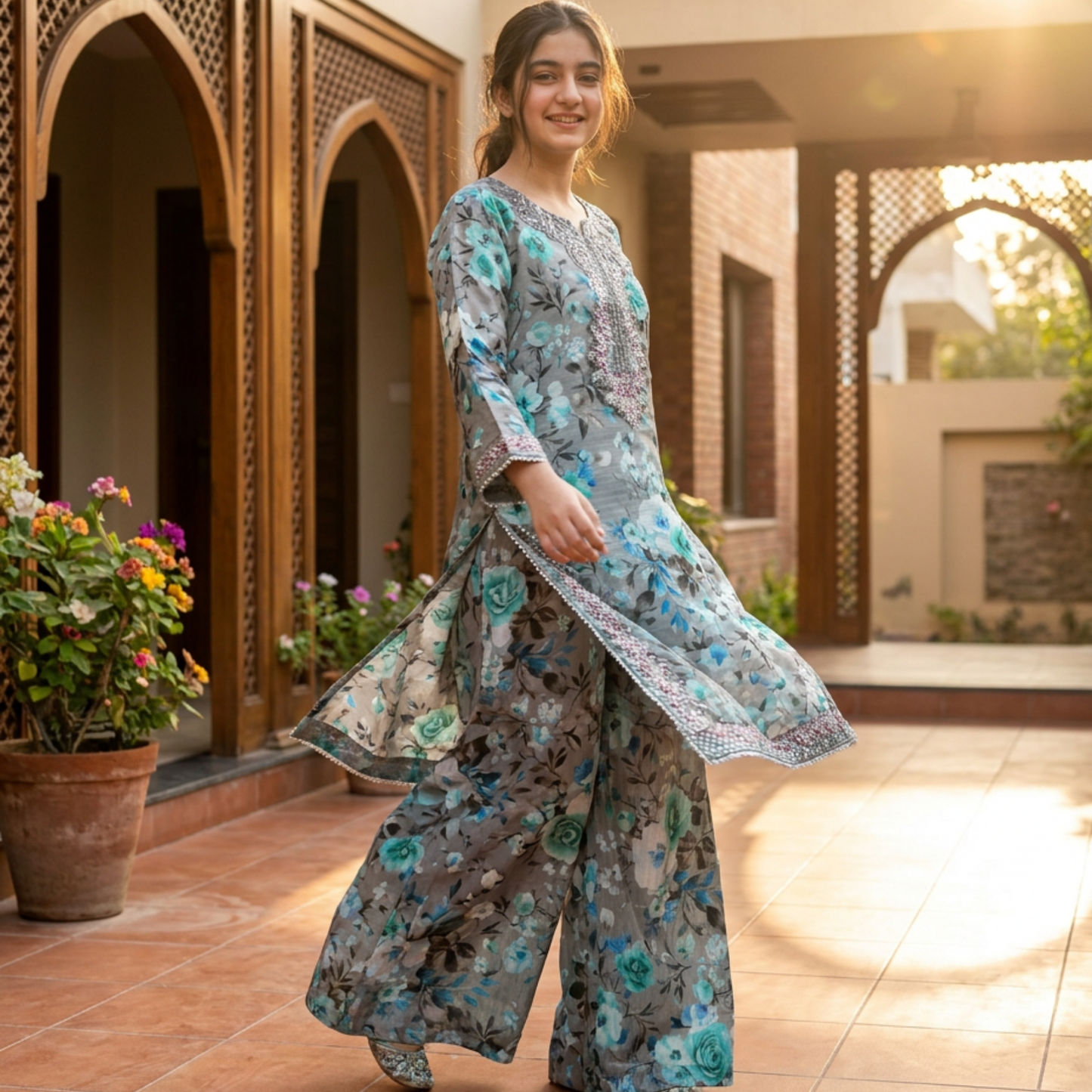 MEHRU – 2 piece Suit Luxury Embroidered Teal & Grey Floral Lawn Set