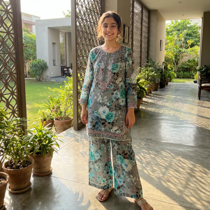 MEHRU – 2 piece Suit Luxury Embroidered Teal & Grey Floral Lawn Set