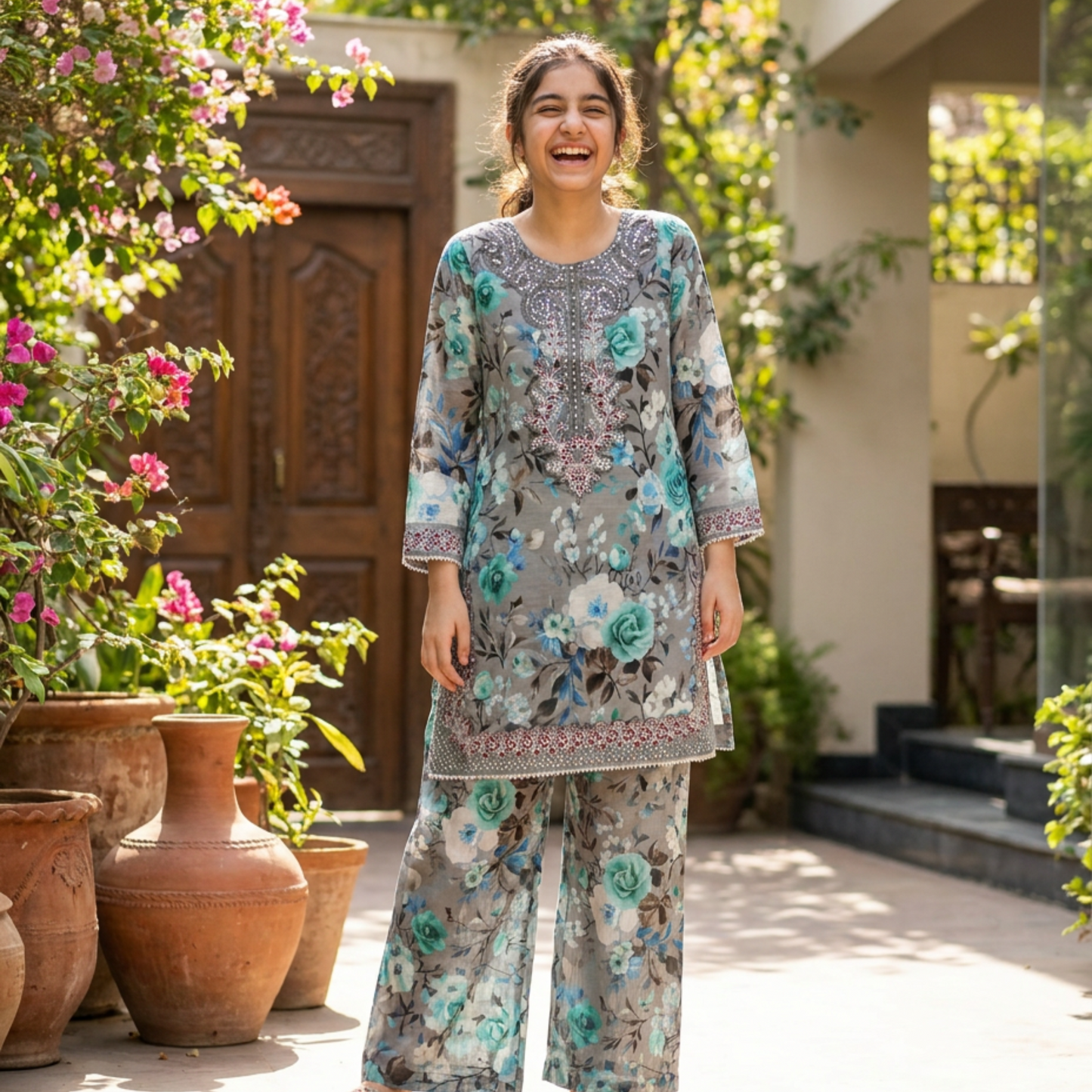 MEHRU – 2 piece Suit Luxury Embroidered Teal & Grey Floral Lawn Set