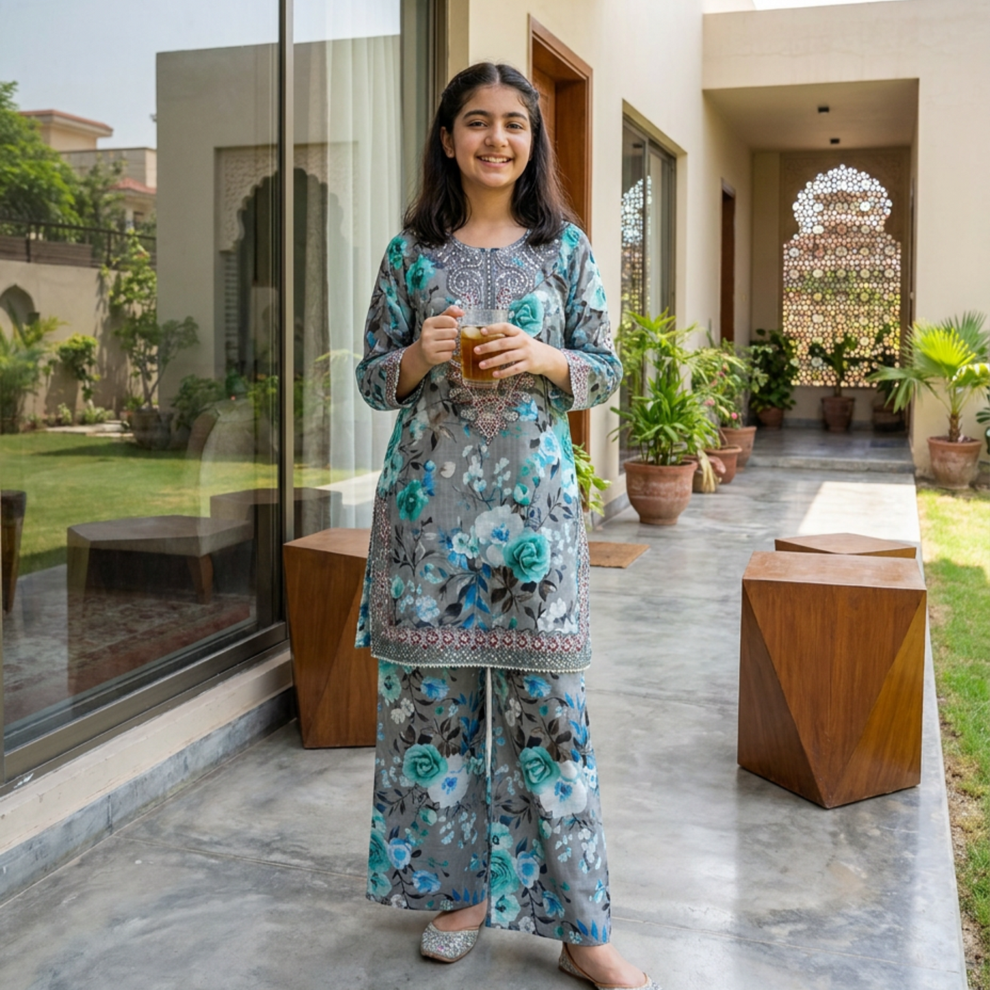 MEHRU – 2 piece Suit Luxury Embroidered Teal & Grey Floral Lawn Set