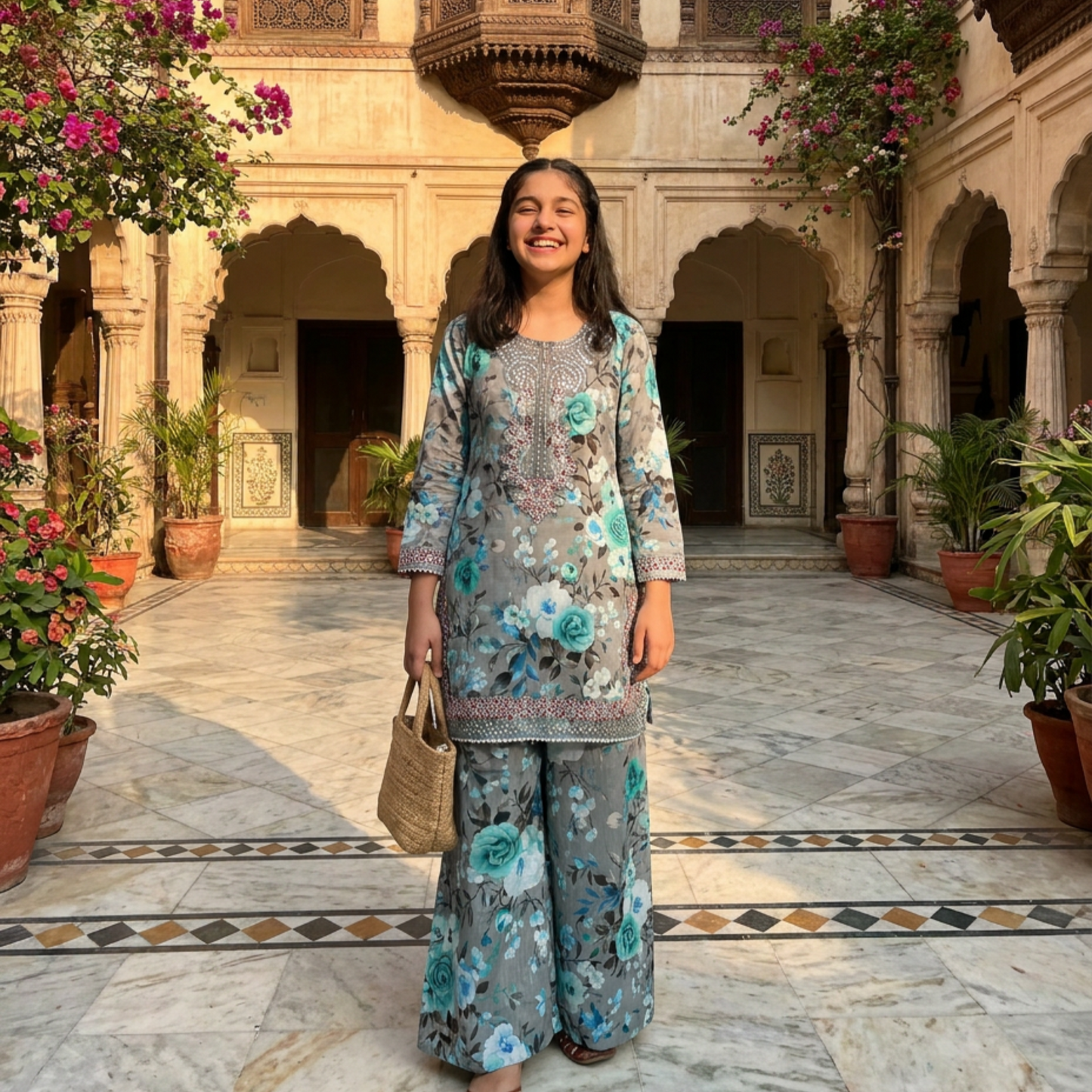MEHRU – 2 piece Suit Luxury Embroidered Teal & Grey Floral Lawn Set