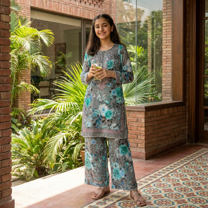 MEHRU – 2 piece Suit Luxury Embroidered Teal & Grey Floral Lawn Set