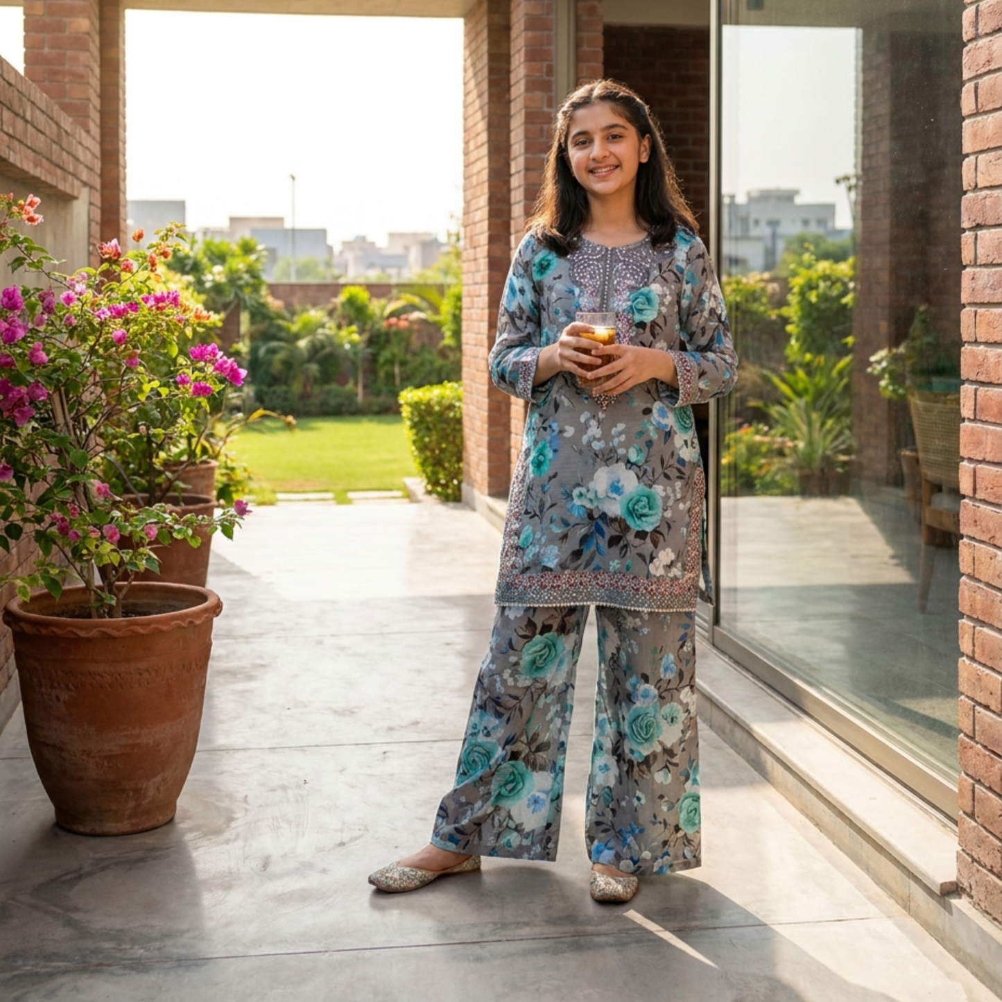 MEHRU – 2 piece Suit Luxury Embroidered Teal & Grey Floral Lawn Set