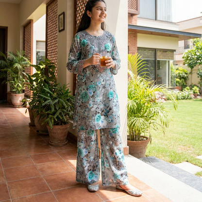MEHRU – 2 piece Suit Luxury Embroidered Teal & Grey Floral Lawn Set