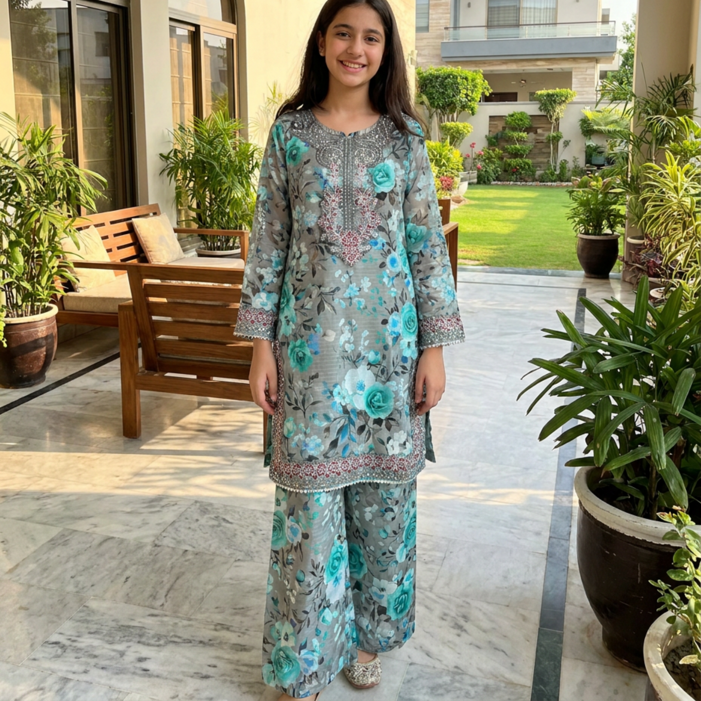 MEHRU – 2 piece Suit Luxury Embroidered Teal & Grey Floral Lawn Set