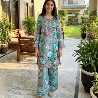 MEHRU – 2 piece Suit Luxury Embroidered Teal & Grey Floral Lawn Set