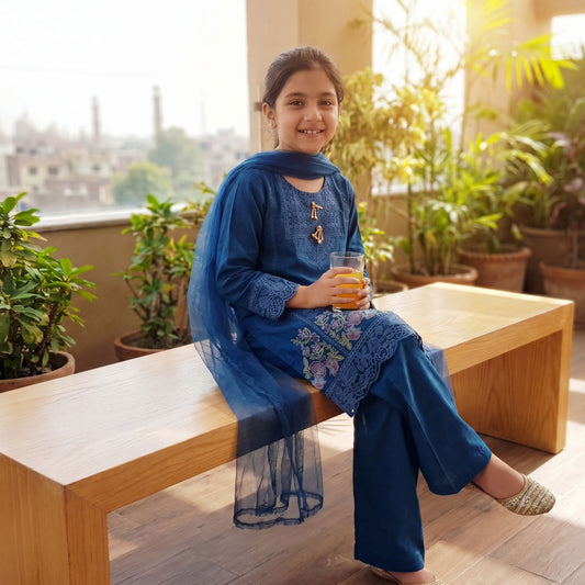 RAYA – 3 Piece Suit  Luxury Embroidered Royal Blue Organza & Lawn Set