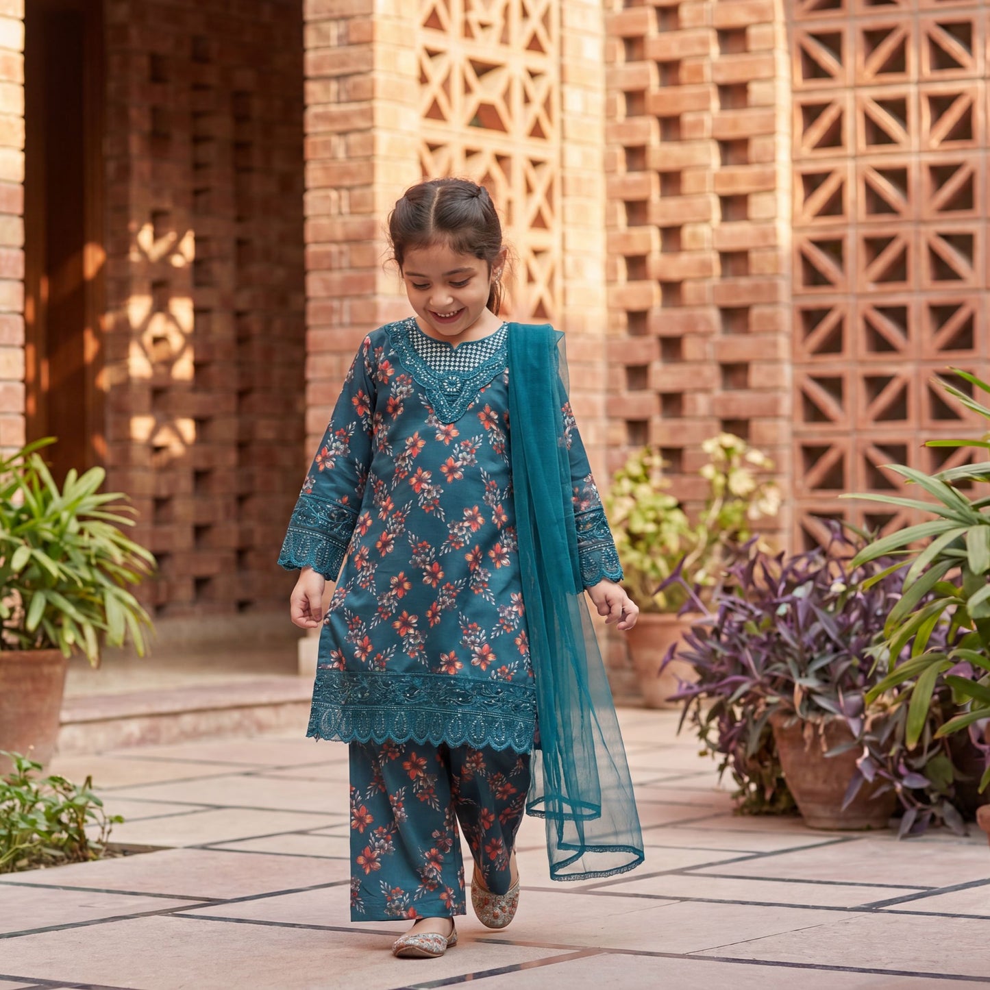 SARA-Luxury Embroidered Lawn – Teal Floral Elegance (3-Piece)