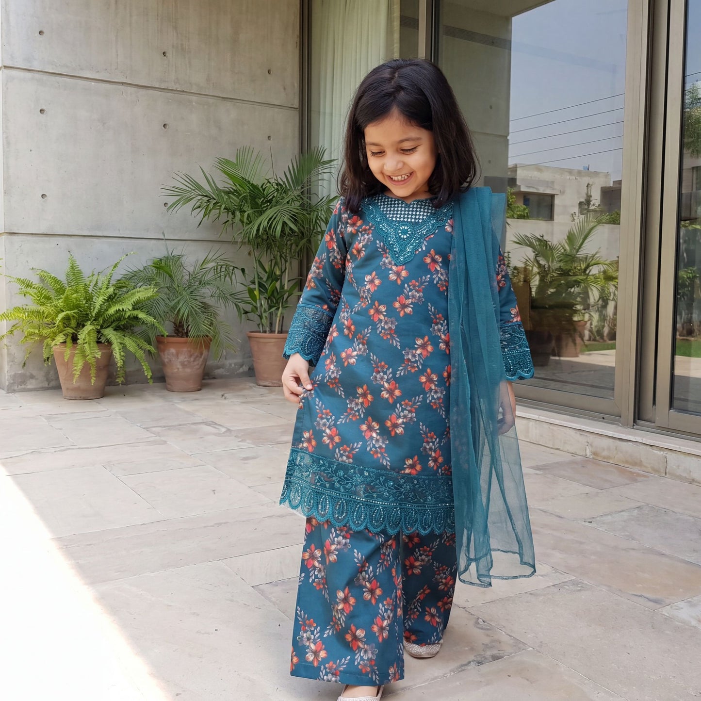 SARA-Luxury Embroidered Lawn – Teal Floral Elegance (3-Piece)