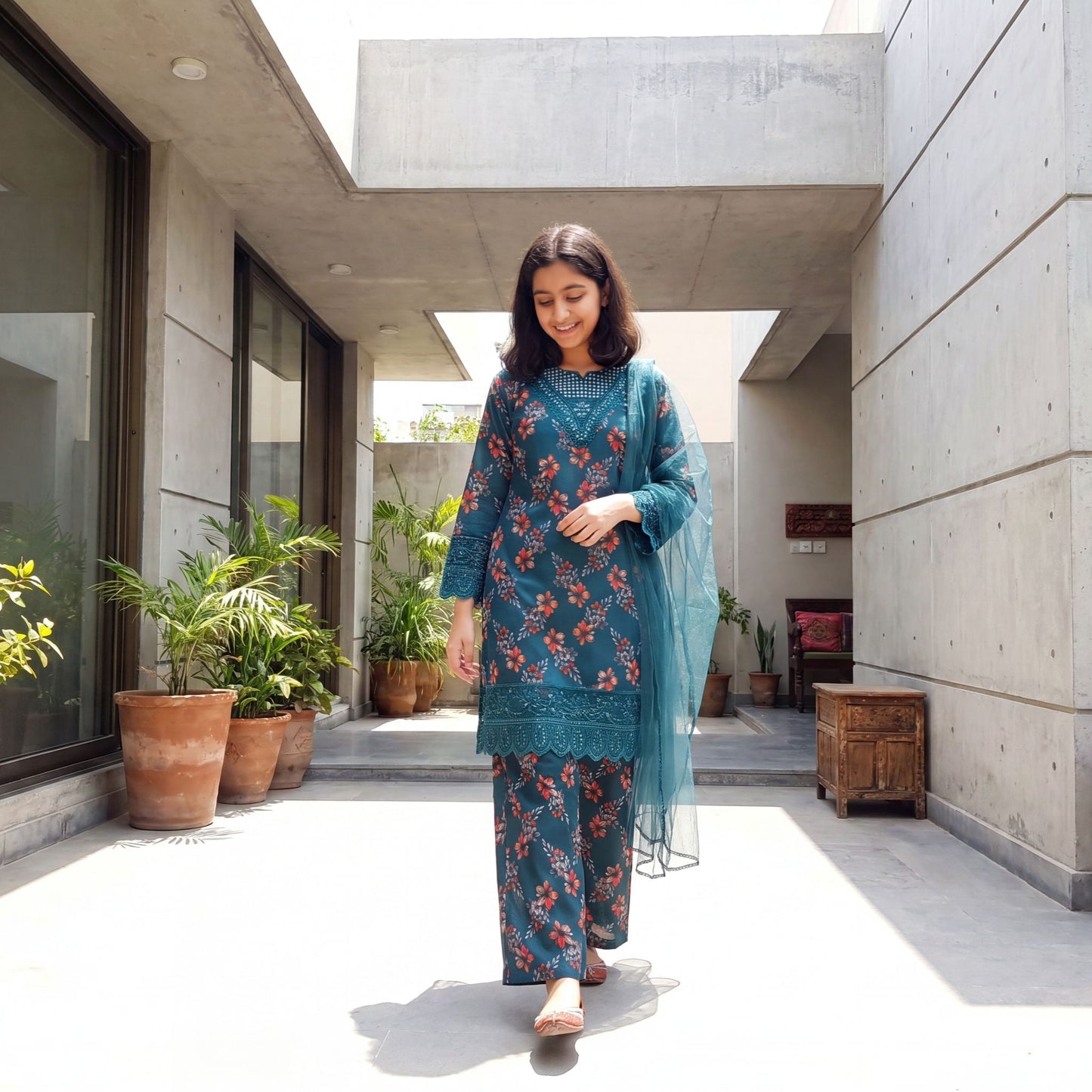 SARA-Luxury Embroidered Lawn – Teal Floral Elegance (3-Piece)