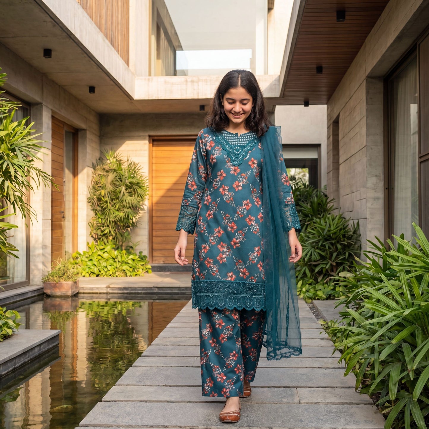 SARA-Luxury Embroidered Lawn – Teal Floral Elegance (3-Piece)