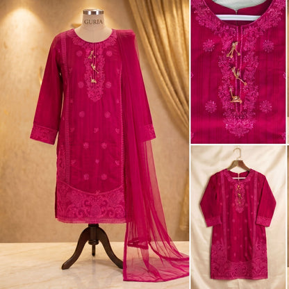 Festive Fuchsia 3-Piece Embroidered Suit with Tassel Details