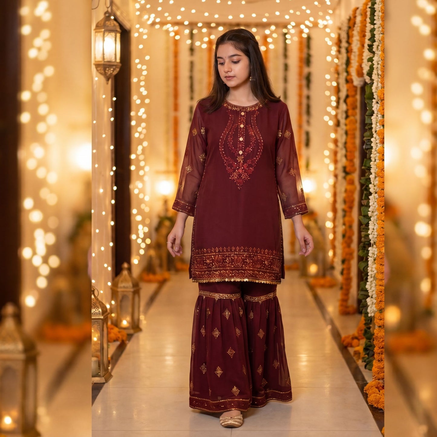 Elegant Deep Burgundy Georgette  Gharara Suit for Girls