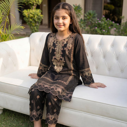 Black Embroidered 2-Piece  Set with Scalloped Hem